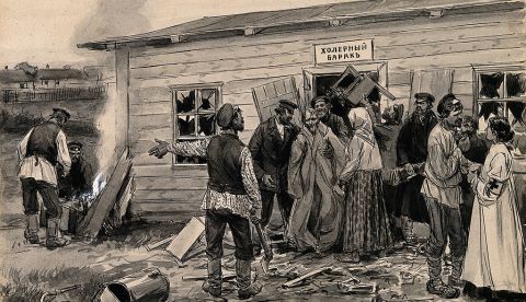 Escena en un cuartel de cólera (de la serie de acuarelas de la revolución rusa), c. 1920. Colección particular. Artista Vladimirov, Ivan Alexeyevich (1869-1947). / Wikipedia.