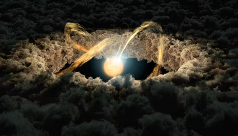 Estrella rodeada de un disco protoplanetario. El Telescopio James Webb ha revelado la conexión entre el vapor de agua en el disco interior de los protoplanetas y la deriva de guijarros de hielo provenientes del disco exterior. NASA/JPL-Caltech