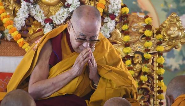 Tibetan spiritual leader Dalai Lama leads a prayer in the Indian state of Bihar on Jan. 1, 2022. Sandeep Kumar/Anadolu Agency via Getty Images