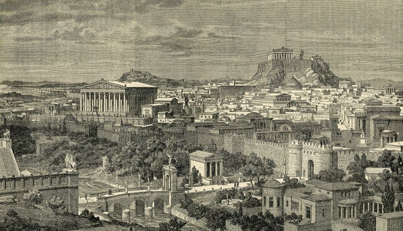 Dibujo de Gustav Adolf Closs de una reconstrucción de la Antigua Atenas (1897). / Wikipedia.