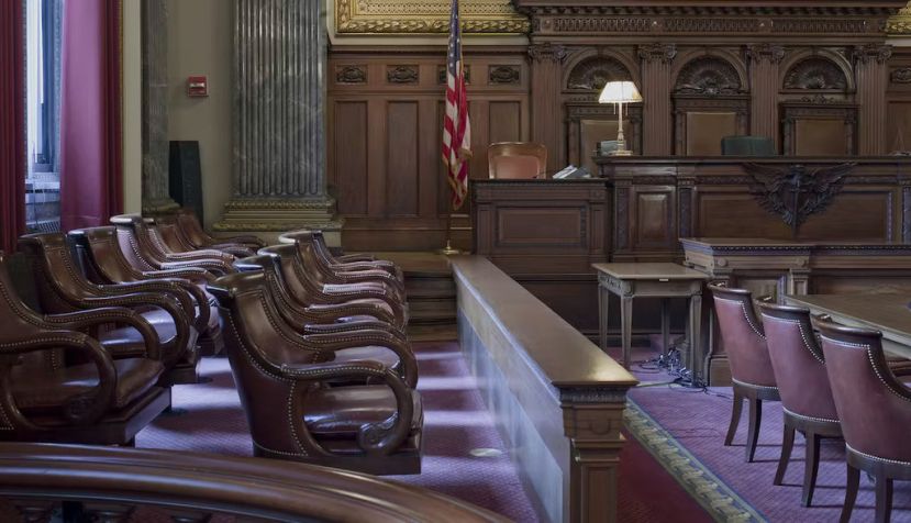 A judge bench and a jury box are seen in a U.S. courthouse in Cleveland, Ohio. Carol M. Highsmith/Buyenlarge/Getty Images