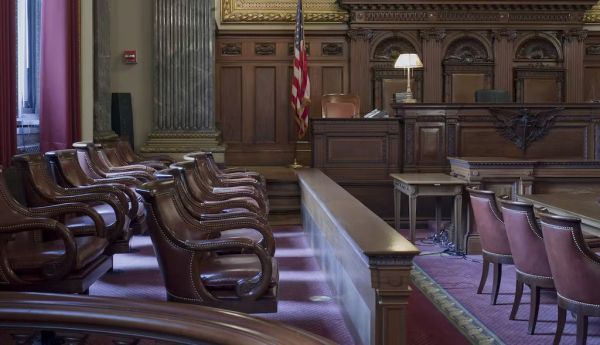 A judge bench and a jury box are seen in a U.S. courthouse in Cleveland, Ohio. Carol M. Highsmith/Buyenlarge/Getty Images