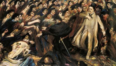"Zola, ultrajado", cuadro del pintor Henry de Groux, retratando la salida del escritor Emile Zola del tribunal donde fue juzgado por su artículo "J'Acusse", sobre el caso Dreyfus. 