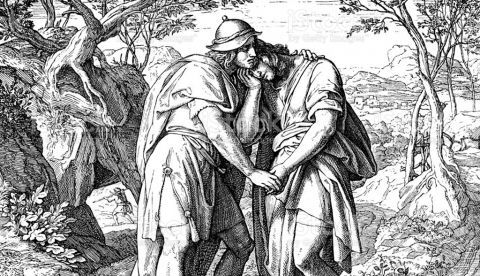 "Historia bíblica del libro de 1 Samuel 20: 41Jonathan se despide amorosamente de David. De un grabado en madera original publicado en 1860 por George Wigland, Artista de Leipzig Julius Schnorr (m. 1872)"