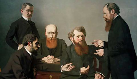 Cinq peintres ("Cinco pintores"), 1902-1903. De izquierda a derecha, de pie, el autor (Félix Vallotton), sentados, Pierre Bonnard, Édouard Vuillard y Charles Cottet, y de pie Ker-Xavier Roussel.