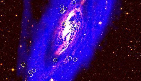 Fotografía cedida por la Universidad Nacional Autónoma de México que muestra los cúmulos globulares en la galaxia espiral Messier 106 (M106). EFE/ UNAM/SOLO USO EDITORIAL/NO VENTAS 	   