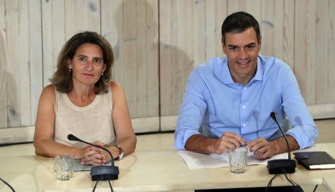 MADRID, 05/08/2019.- El líder del PSOE y presidente del Gobierno en funciones, Pedro Sánchez, y la ministra de Transición Ecológica en funciones, Teresa Ribera, durante la reunión que han mantenido con organizaciones ecologistas dentro de la ronda de contactos con colectivos sociales y políticos para intentar lograr una mayoría que permita su investidura y evitar una repetición electoral, que ha retomado este lunes. EFE/ J.J. Guillén