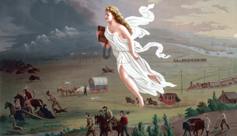 El progreso Americano, obra alegórica de John Gast (1872, Biblioteca del Congreso de EE UU), que refleja la idea del Destino manifiesto y el avance por esas supuestas tierras salvajes del Oeste.