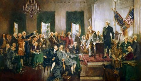 Escena al momento de firmar la Constitución de los Estados Unidos, por Howard Chandler Christy. / Wikipedia