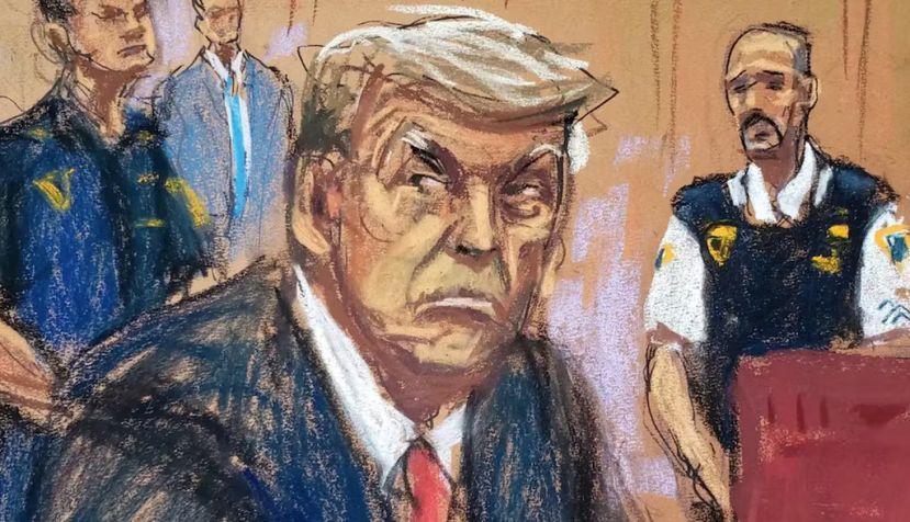 Donald Trump appears in court in New York City, in a courtroom sketch by Jane Rosenberg. Jane Rosenberg/Reuters