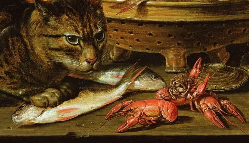 Detalle de Bodegón con una carpa en un colador de cerámica, cangrejos de río, ostras, pescados y un gato sentado (Clara Peeters, fecha desconocida). Wikimedia Commons / The Bridgeman Art Library