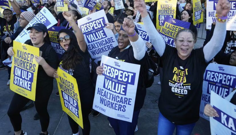 Kaiser Permanente health care workers in five states and Washington, D.C., are rallying against low wages and understaffing that they say is undermining patient care. AP Photo/Damian Dovarganes
