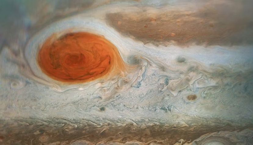 Esta imagen de la icónica Gran Mancha Roja de Júpiter y las zonas turbulentas circundantes fue capturada por la nave espacial Juno de la NASA. NASA/JPL-Caltech/SwRI/MSSS/Gerald Eichstädt/Seán Doran, CC BY