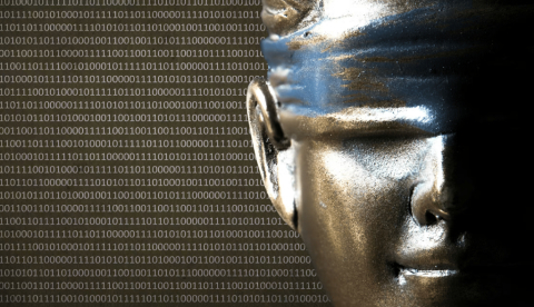  Una estatua con los ojos vendados y de la que emana una sucesión de ceros y unos. icedmocha/Shutterstock