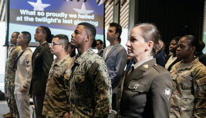  Military personnel attend a special naturalization ceremony in New York on June 30, 2023. Lev Radin/Pacific Press/LightRocket via Getty Images