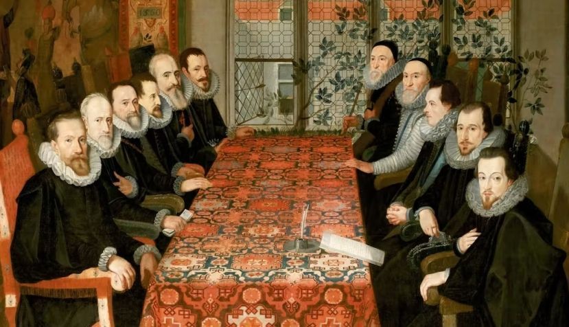 Conferencia de Somerset House, de Juan Pantoja de la Cruz. Conversaciones diplomáticas hispano-inglesas que resultaron en la firma del tratado de Londres de 1604, por el que se puso fin a la guerra entre ambos países. A la derecha la delegación inglesa: Thomas Sackville (junto a la ventana), Charles Howard, Charles Blount, Henry Howard y Robert Cecil. A la izquierda la delegación hispano-flamenca: Juan de Velasco (junto a la ventana), Juan de Tassis y Acuña, Alessandro Robido, Charles de Ligne, Jean Richardot y Louis Verekyn. Museo Marítimo Nacional