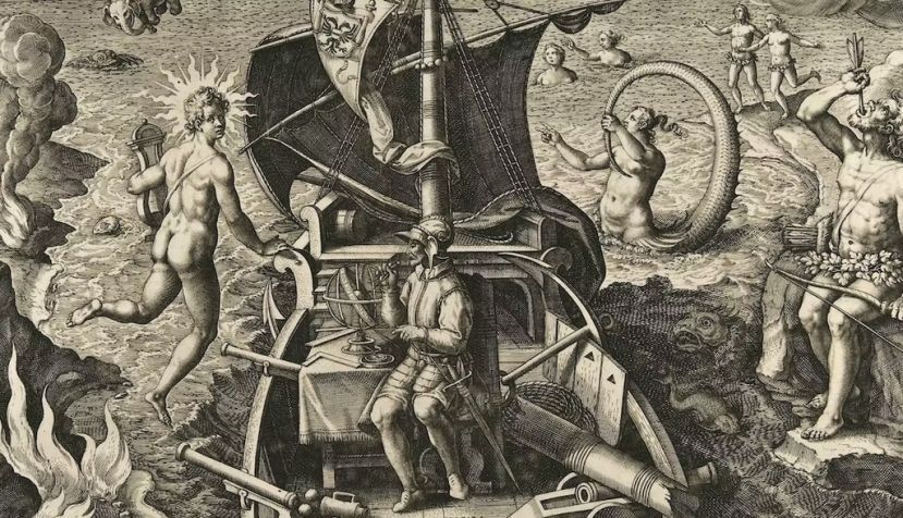 Ilustración alegórica de Joannes Stradanus, hacia 1592, sobre la tenacidad de Magallanes en medio de las incertidumbres. Wikimedia Commons