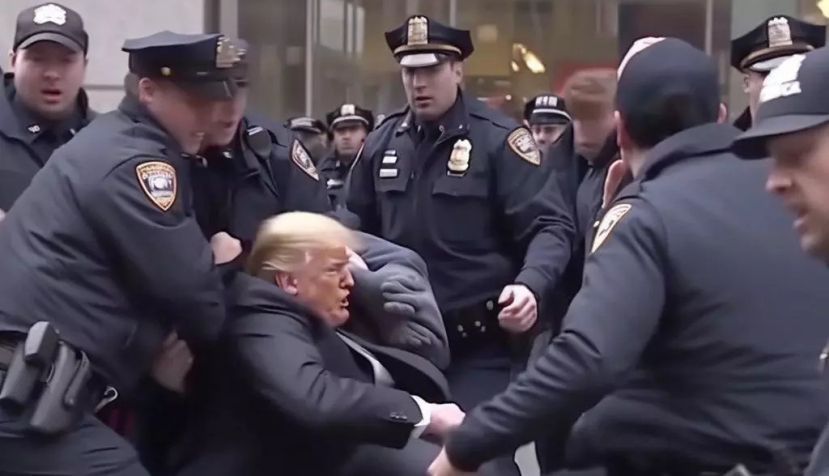 Imagen falsa de Donald Trump siendo arrestado por la policía difundida en redes sociales. Eliot Higgins (@ElliotHiggins)