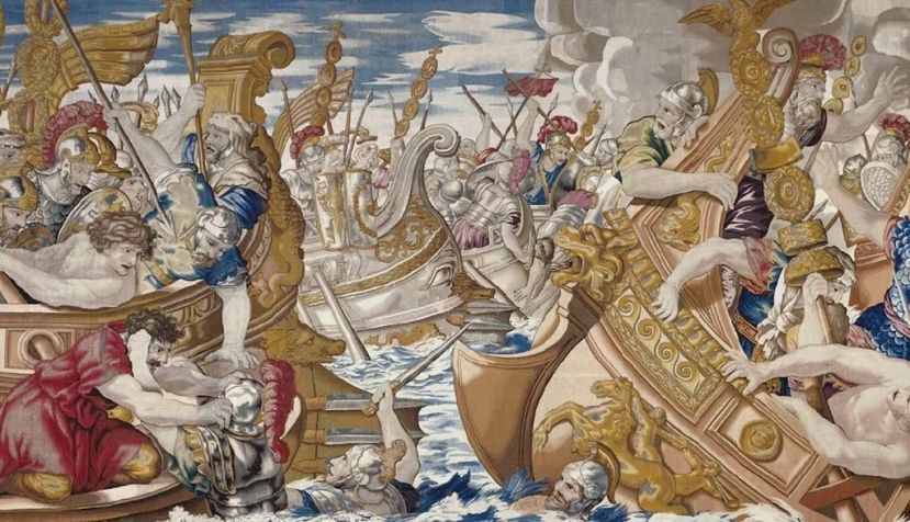 Tapiz que muestra la batalla naval entre las flotas de Constantino y Licinio. Composición figurada diseñada en 1635 por Pietro da Cortona. Tejido en la fábrica de tapices Barberini, Roma. Taller de Jacomo della Riviera, flamenco. Philadelphia Museum of Art / Wikimedia Commons