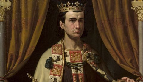 Retrato imaginario del rey Alfonso X de Castilla (1221-1284), que fue rey de Castilla y León e hijo de Fernando III de Castilla y de la reina Beatriz de Suabia. Alfonso X falleció en Sevilla en 1284, y sus restos mortales reposan actualmente en la Capilla Real de la catedral de Sevilla. / Artista: Joaquín Domínguez Bécquer  (1817–1879) Blue pencil.svg 