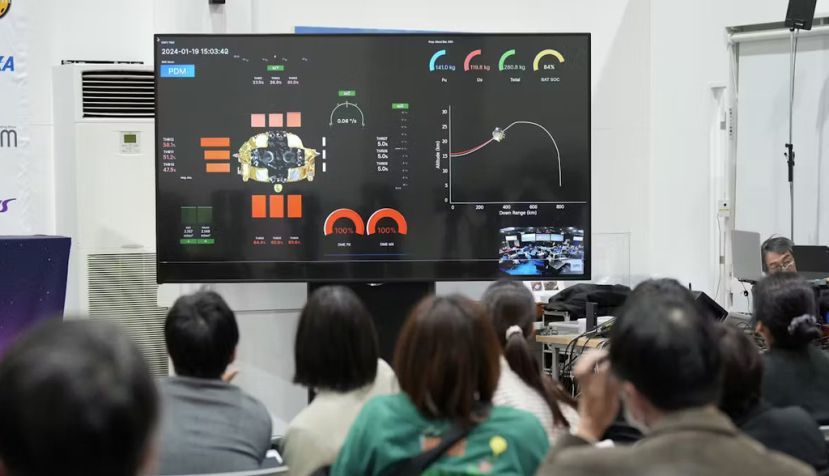Datos de la misión SLIM proyectados en el Campus Sagamihara de JAXA durante el aterrizaje de la nave. AP Photo/Eugene Hoshiko