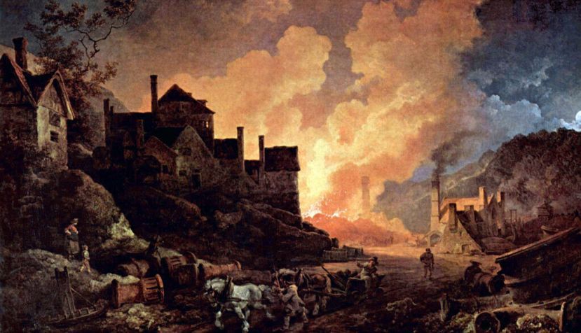 Coalbrookdale de noche, pintura al óleo del artista inglés de origen francés Philip James de Loutherbourg (nacido en 1740 y fallecido en 1812). Coalbrookdale (condado de Shropshire, Inglaterra) es considerado una de las cunas de la Revolución Industrial. / Wikipedia