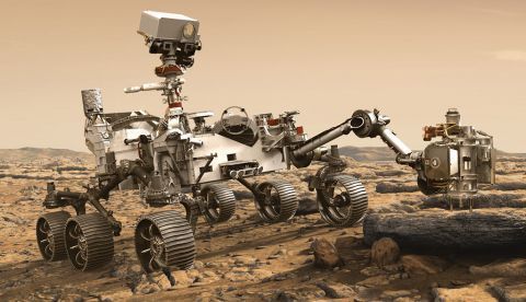 Ilustración artística del rover Perseverance nada más llegar a Marte.