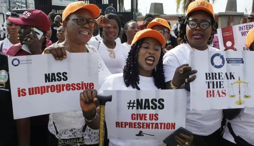  Women holding placards during a protest Women protesting the failure of the gender equality bills on International Women’s Day in 2022. Adekunle Ajayi/NurPhoto via Getty