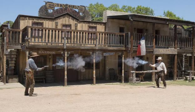 Reenactments of Old West gunfights, like this one at a tourist attraction in Texas in 2014, are part of the mythology underpinning the United States’ gun culture. Carol M. Highsmith via Library of Congress