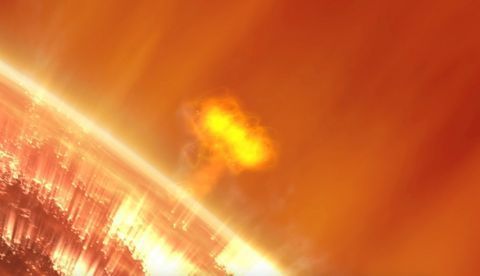 Fotografía cedida por la NASA de una ilustración que muestra una de las tormentas de partículas solares que brotan del Sol. EFE