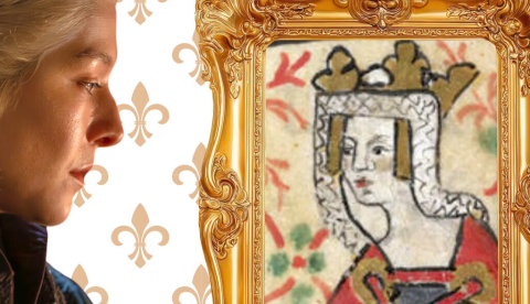  Emma D'Arcy en el papel de Rhaenyra Targaryen y un retrato del siglo XV de la emperatriz Matilda. Emma D'Arcy en el papel de Rhaenyra Targaryen y un retrato del siglo XV de la emperatriz Matilda. HBO/British Library/Canva