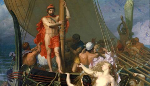 Odiseo atado al mástil de su barco tratando de vencer la atracción de las sirenas. Cuadro de Leon Belly Las sirenas (Museo de l'Hotel Sandelin, Saint Omer, Francia). / Wikipedia