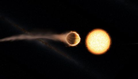 Comparación entre el vapor de agua en emisión de la estratosfera del exoplaneta WASP-121b (en rojo) y el vapor de agua en absorción en la atmósfera de una estrella enana marrón (en violeta). © NASA, ESA, and G. Bacon (STSci). Imagen facilitada por el CAB.