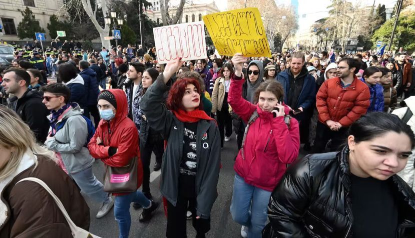 Georgians protest a foreign agent bill that mirrored a Russian law used to crack down on dissent. Vano Shlamov/AFP via Getty Images
