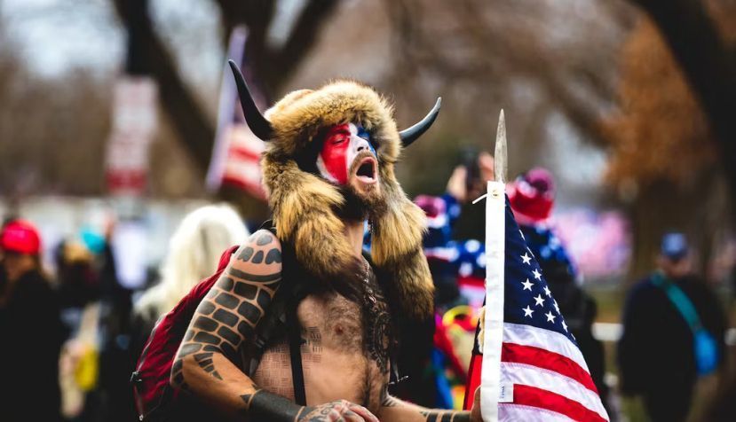 The so-called Qanon shaman, Jacob Chansley, at the Capitol riot. Shutterstock/Johnny Silvercloud