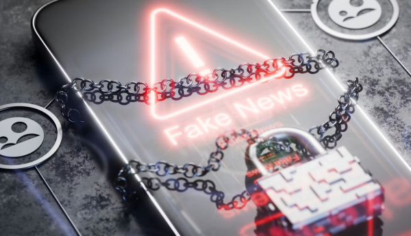  Un teléfono que muestra una alerta de "fake news" y un candado Alexander56891/Shutterstock
