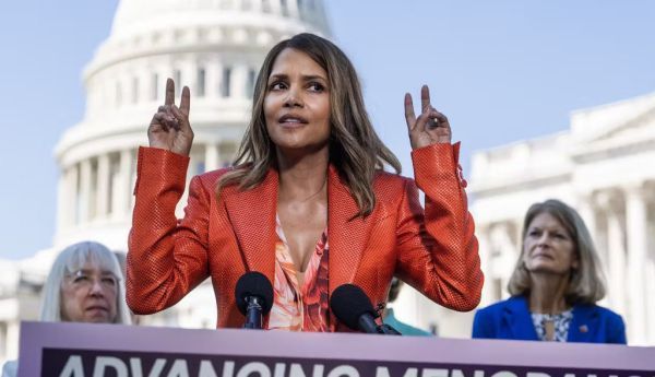 Actor Halle Berry, standing in front of U.S. senators, proclaims that she’s in menopause. Tom Williams/CQ-Roll Call, Inc via Getty Images