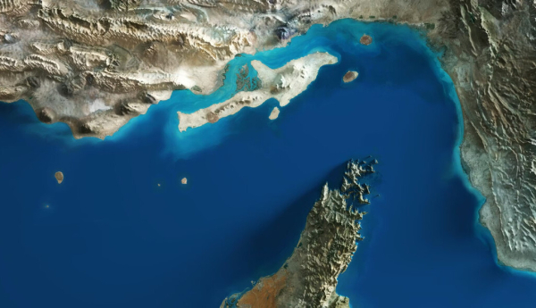 Vista satelital en 3D del estrecho de Ormuz. FoxPictures/Shutterstock