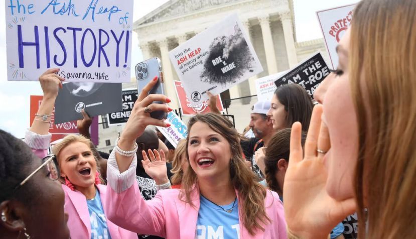 Anti-abortion protestors celebrate the overturning of Roe v. Wade outside the US Supreme Court on June 24. Olivier Douliery/AFP via Getty Images