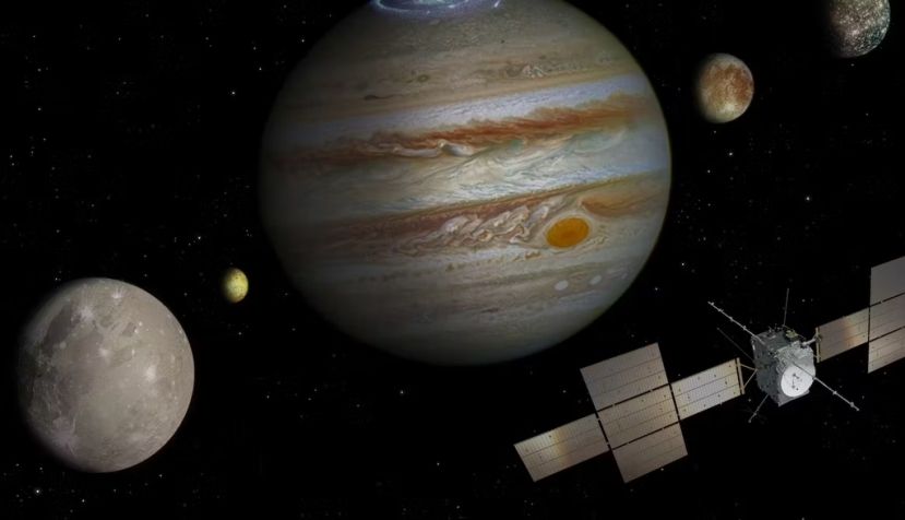 La misión JUICE explorará Júpiter y sus lunas, Ganímedes, Calisto y Europa. ESA/ATG medialab; Jupiter: NASA/ESA/J. Nichols (University of Leicester); Ganymede: NASA/JPL; Io: NASA/JPL/University of Arizona; Callisto and Europa: NASA/JPL/DLR, CC BY