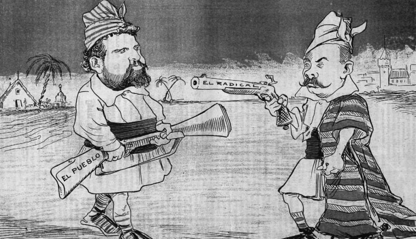 Caricatura de junio de 1903 representando el conflicto entre Vicente Blasco Ibáñez (izquierda) y Rodrigo Soriano (derecha) / Wikipedia