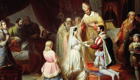 Boda de Manuel Filiberto de Saboya y Margarita de Francia, pintada en el siglo XIX por Francesco Gonin. Wikimedia Commons