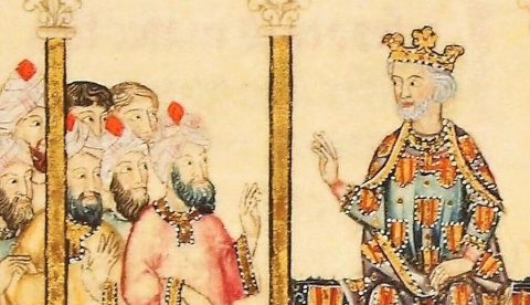Jaume I en las Cantigas de Santa María de Alfonso X de Castilla. Biblioteca Real del Monasterio de San Lorenzo del Escorial.