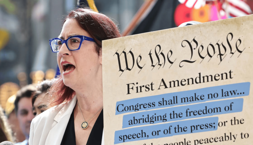 Supporters of free speech gather in September 2025 to protest the suspension of ‘Jimmy Kimmel Live!’, across the street from the theater where the show is produced in Hollywood. Mario Tama/Getty Images