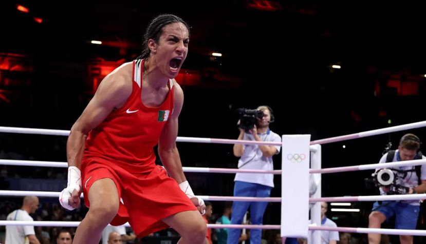 Algerian boxer Imane Khelif celebrates her victory in the women’s boxing 66-kilogram quarterfinal match at the Paris Olympics on Aug. 3, 2024. Richard Pelham/Getty Images