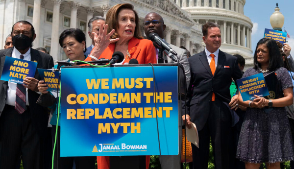 House Speaker Nancy Pelosi speaks on Capitol Hill on June 8, 2022, about a resolution condemning the great replacement theory. AP Photo/Manuel Balce Ceneta