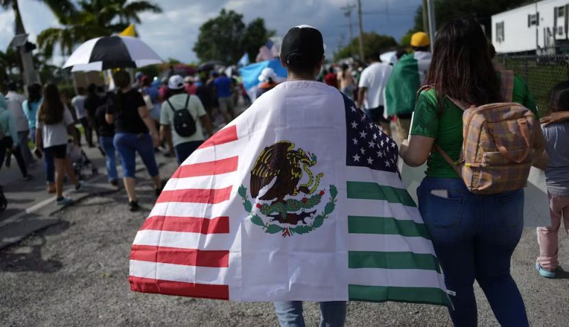 Hundreds protested peacefully in Immokalee, Fla., against a state law enacted in 2023 that imposes restrictions on undocumented immigrants. AP Photo/Rebecca Blackwell