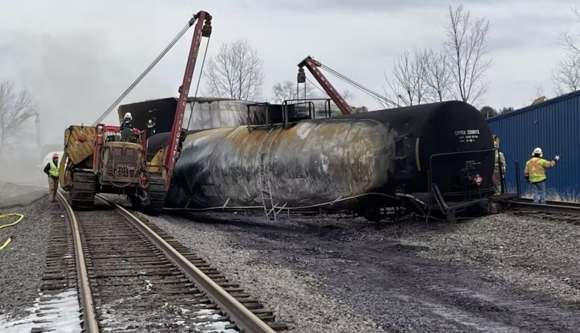 Several cars that contained hazardous chemicals burned after the Feb. 3, 2023, derailment. U.S. Environmental Protection Agency