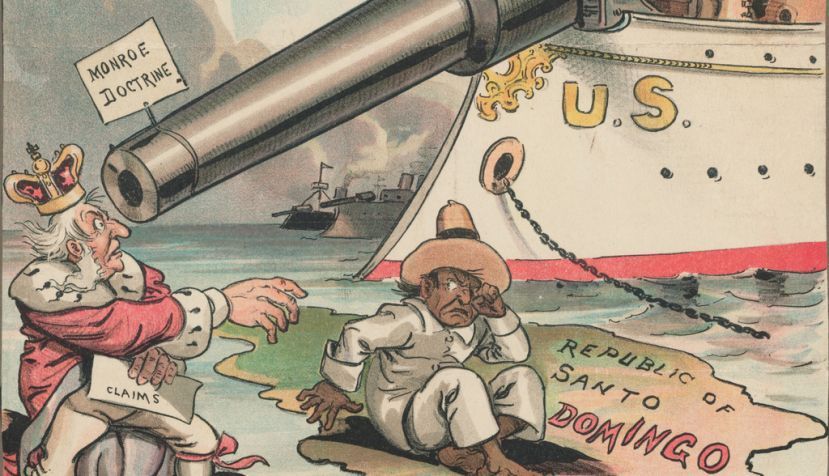 Caricatura política que representa a Theodore Roosevelt usando la Doctrina Monroe para intermediar por la República Dominicana ante las potencias europeas. / Wikipedia
