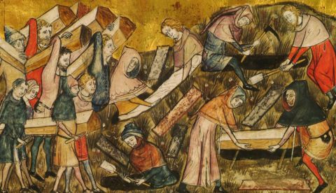 El pueblo de Tournai entierra a las víctimas de la Peste Negra. Miniatura de Pierart dou Tielt que ilustra una obra de Gilles li Muisit (Tournai, c. 1353). KIK-IRPA, Bruselas